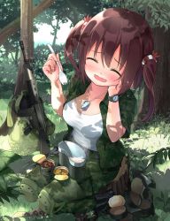Rule 34 | 10s, 1girl, ^ ^, assault rifle, blush, boots, breasts, brown hair, camouflage, can, closed eyes, dog tags, eating, ebina nana, closed eyes, field ration, forest, grass, gun, hand on own cheek, hand on own face, highres, himouto! umaru-chan, japan ground self-defense force, japan self-defense force, knee pads, large breasts, long hair, meso-meso, military, military uniform, nature, open mouth, outdoors, pants, ration, rifle, shirt, sitting, smile, solo, tree, tree stump, twintails, uniform, watch, wavy mouth, weapon, woodland camouflage, wristwatch