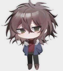 Rule 34 | 1boy, black pants, blue jacket, brown footwear, brown hair, chibi, closed mouth, fur-trimmed jacket, fur trim, green eyes, hair between eyes, hands in pockets, highres, isoi reiji, jacket, long sleeves, looking at viewer, male focus, medium hair, open clothes, open jacket, pants, red shirt, saibou shinkyoku, shirt, simple background, solo, tiegeban, white background