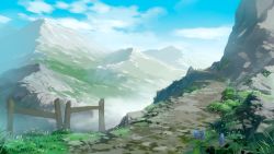 Rule 34 | artist request, cloud, fence, flower, grass, landscape, mountain, no humans, road, scenery, sky, snow, wildflowers