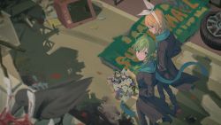 Rule 34 | 2girls, aqua scarf, bird, black bird, black jacket, black pants, blonde hair, blood on skeleton, blue eyes, boots, bouquet, bow, broken, commentary, crow, crt, flat tire, flower, from above, green eyes, gumi, hair bow, hairband, highres, holding, holding bouquet, jacket, kagamine rin, looking at another, looking at viewer, looking back, looking up, medium hair, multiple girls, pants, parted lips, scarf, shadow, short hair, sidelocks, sign, standing, television, tire, vocaloid, wheel, white bow, wounds404