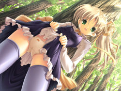 Rule 34 | 1girl, blush, bow, bow panties, bowtie, breasts, brown hair, clothes lift, dress, dress lift, female focus, forest, game cg, green eyes, hair ribbon, long hair, long sleeves, natural another one 2nd belladonna, nature, open mouth, outdoors, panties, plant, ponytail, purple dress, purple thighhighs, ribbon, shirt, side ponytail, skirt, skirt lift, sleeveless, sleeveless dress, solo, standing, teeth, thighhighs, tree, tsurugi hagane, underwear, white shirt, yachigusa kyouka, yellow neckwear, yellow panties