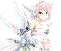 Rule 34 | 1girl, akiran (r32), bare shoulders, bouquet, bridal veil, dress, elbow gloves, flower, gloves, green eyes, jewelry, mecha musume, necklace, original, pink hair, robot ears, short hair, smile, solo, strapless, strapless dress, thrusters, v, veil, wedding dress