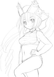 Rule 34 | 1girl, bikini, breasts, character request, greyscale, hand on own hip, hat, kasuga yukihito, long hair, monochrome, navel, sketch, small breasts, solo, swimsuit, tankini