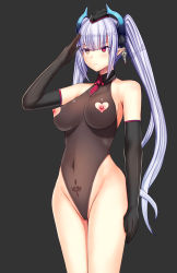 Rule 34 | 1girl, arm up, armpits, bare legs, bare shoulders, black background, black leotard, breasts, clothing cutout, covered navel, cowboy shot, daiaru, detached collar, elbow gloves, expressionless, female focus, gloves, groin, hat, heart, heart cutout, heart tattoo, heterochromia, highres, large breasts, legs, leotard, long hair, looking at viewer, mini hat, nipple cutout, nippleless clothes, nipples, original, pointy ears, pubic tattoo, purple hair, salute, see-through, senhime bad ending after, simple background, solo, standing, tattoo, thighs, twintails