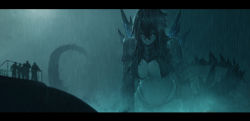 Rule 34 | 1girl, ballistic missile submarine, blue theme, borrowed design, breasts, cleavage, cleavage cutout, clothing cutout, cloud, cloudy sky, cosplay, dark clouds, dark sky, dishwasher1910, giant, giantess, glowing, glowing eyes, godzilla, godzilla: king of the monsters, godzilla (monsterverse), godzilla (series), humanization, kaijuu, large breasts, legendary pictures, letterboxed, looking at viewer, monochrome, monsterverse, navel, nuclear submarine, outdoors, personification, rain, revealing clothes, serious, shrugging, sky, solo focus, spiked tail, spikes, stomach, submarine, tail, thong, toho, uss scorpion, water, watercraft, wet