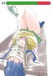 Rule 34 | 1girl, arms behind back, asphyxiation, bdsm, blood, blue hair, bondage, bound, green skirt, health bar, knees up, lying, no shoes, on back, restrained, school uniform, skirt, socks, sweater vest, tagme, torture, water, water torture, waterboarding, wet