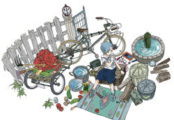 Rule 34 | 1girl, ankle socks, aoi zero, bicycle, blue hair, box, bucket, can, drink can, drinking, fence, from above, gate, grass, hair ornament, hoe, lamppost, looking away, original, pleated skirt, potato, radio, rug, school uniform, screwdriver, serafuku, shoes, short hair, simple background, sitting, skirt, sneakers, socks, soda can, solo, squash, tomato, toolbox, tools, trash can, watch, water, well, white background, wood, worktool, wrench