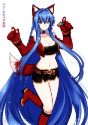 Rule 34 | 1girl, animal ears, animal hands, ankle boots, black bra, black shorts, blue eyes, blue hair, boots, bra, breasts, choker, cleavage, commentary request, dated, fur trim, gloves, hair intakes, hands up, jacket, konshin, large breasts, long hair, looking at viewer, microphone, navel, open clothes, open jacket, original, paw gloves, red footwear, red jacket, short shorts, shorts, signature, simple background, solo, standing, standing on one leg, tail, underwear, very long hair, white background
