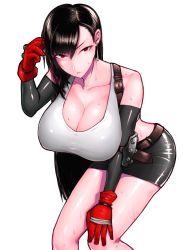 Rule 34 | 1girl, absurdres, black gloves, black hair, breasts, cleavage, collarbone, commentary request, earrings, elbow gloves, final fantasy, final fantasy vii, gloves, highres, huge breasts, jewelry, leaning forward, long hair, looking at viewer, midriff, red eyes, simple background, skirt, solo, suspenders, sweat, tank top, thighs, tifa lockhart, transparent background, very long hair, white background, wolffeld price