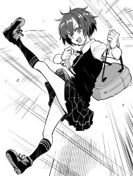 Rule 34 | 1girl, :d, backpack, bag, bonkara (sokuseki maou), commentary, cross-laced footwear, dress shirt, falling, gloves, greyscale, highres, leg up, looking at viewer, marvel, messy hair, miniskirt, monochrome, motion lines, open mouth, peni parker, plaid, plaid skirt, pleated skirt, shirt, shoes, short hair, short sleeves, skirt, smile, socks, solo, spider-man: into the spider-verse, spider-man (series), spider-verse, sweater vest