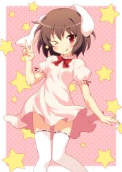 Rule 34 | 1girl, :q, ;q, animal ears, blush, brown hair, dress, female focus, highres, inaba tewi, looking at viewer, one eye closed, rabbit ears, red eyes, short hair, smile, solo, star (symbol), thighhighs, tongue, tongue out, touhou, v, white thighhighs, wink, yamasan, zettai ryouiki