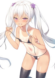 Rule 34 | 1girl, alexmaster, bare arms, bare shoulders, bikini, black bikini, black thighhighs, blush, breasts, feet out of frame, flower, grin, hair between eyes, hair flower, hair ornament, hands up, long hair, looking at viewer, navel, one-piece tan, original, parted lips, purple eyes, purple flower, simple background, small breasts, smile, solo, swimsuit, tan, tanline, thighhighs, twintails, undressing, very long hair, white background, white hair