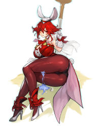 Rule 34 | 1girl, absurdres, animal ears, ankle bow, ankle cuffs, ankle ribbon, black shorts, bow, breasts, capelet, cleavage, commission, fake animal ears, fire emblem, fire emblem: mystery of the emblem, flower, full body, gloves, gurimjang, hat, high heels, highres, large breasts, leg ribbon, legs together, pantyhose under shorts, lying, minerva (fire emblem), mini hat, nintendo, on ground, on side, one eye closed, pantyhose, pixiv commission, planted, rabbit ears, rabbit tail, red bow, red eyes, red hair, red pantyhose, ribbon, sexually suggestive, shorts, solo, suggestive fluid, tail, thick thighs, thighs, weapon, white capelet, white footwear, white gloves