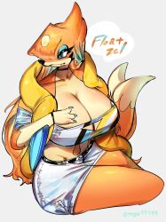 Rule 34 | belt, black eyes, blue nails, breasts, buoy, choker, cleavage, cleavage cutout, clothing cutout, creatures (company), eyeshadow, fang, floatzel, furry, furry female, game freak, gen 4 pokemon, hand on own chest, highres, huge breasts, long hair, makeup, multiple tails, nintendo, orange hair, pokemon, pokemon (creature), shorts, tail, thick thighs, thighs, togetoge, two tails, very long hair