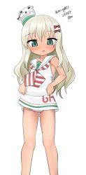Rule 34 | 1girl, absurdres, blonde hair, bow, clothes lift, dated, dress, dress lift, feet out of frame, grecale (kancolle), green eyes, hair bow, highres, kantai collection, long hair, looking at viewer, low-cut armhole, maru (marg0613), neckerchief, one-hour drawing challenge, panties, sailor collar, sailor dress, side-tie dress, sleeveless, sleeveless dress, solo, striped clothes, striped neckerchief, striped panties, tan, twitter username, underwear, wavy hair, white dress, white sailor collar