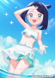 Rule 34 | 1girl, :d, arm up, black hair, cloud, commentary, cowlick, creatures (company), day, eyelashes, game freak, gazing eye, green eyes, green shorts, happy, highres, knees, liko (pokemon), looking down, midriff, navel, nintendo, open mouth, outdoors, pokemon, pokemon (anime), pokemon horizons, shorts, sky, smile, solo, sparkle, swimsuit, teeth, upper teeth only, wading, water, water drop, watermark, web address