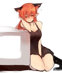 Rule 34 | 1girl, alternate costume, alternate hairstyle, animal ears, bad id, bad pixiv id, blush, breasts, cat ears, cat tail, cleavage, colored eyelashes, extra ears, hair down, highres, kaenbyou rin, large breasts, long hair, mizuga, pointy ears, red eyes, red hair, simple background, sketch, solo, tail, touhou, white background
