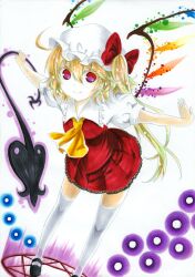 Rule 34 | 1girl, ascot, blonde hair, crystal wings, flandre scarlet, full body, hat, hat ribbon, laevatein (touhou), marker (medium), mi akashi, pentagram, puffy sleeves, red eyes, red ribbon, ribbon, side ponytail, simple background, solo, touhou, traditional media, white background, white mob cap, yellow ascot