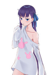 Rule 34 | 1girl, absurdres, blue eyes, blue ribbon, blush, breasts, collarbone, fate/extra, fate/extra ccc, fate/grand order, fate (series), highres, long hair, long sleeves, looking at viewer, meltryllis (fate), pillow (blackpirou), purple hair, ribbon, shirt, sleeves past fingers, sleeves past wrists, small breasts, solo, white shirt