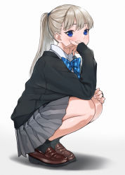 Rule 34 | 1girl, black socks, black sweater, blue bow, blue bowtie, blue eyes, blush, bow, bowtie, brown footwear, closed mouth, collared shirt, commentary request, doushimasho, full body, grey skirt, hand on own face, hand on own knee, highres, loafers, long hair, long sleeves, looking at viewer, miniskirt, original, plaid, plaid bow, plaid bowtie, plaid neckwear, pleated skirt, ponytail, school uniform, shirt, shoes, silver hair, simple background, skirt, socks, solo, squatting, sweater, white background