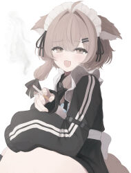 1girl :3 :d absurdres ahoge animal_ear_fluff animal_ears apron between_fingers black_bow black_jacket black_ribbon black_shorts black_socks blush bow brown_eyes brown_hair cigarette dot_nose double_vertical_stripe ears_down fang feet_out_of_frame fingernails frilled_apron frills hair_between_eyes hair_bow hair_intakes hair_ornament hair_over_shoulder hair_ribbon hairclip half-closed_eyes hand_up highres holding holding_cigarette jacket knee_up knees_up long_hair long_sleeves looking_at_viewer lowiz mafuyu_(vrchat) maid maid_apron maid_headdress medium_hair no_pants open_mouth pink_nails puffy_long_sleeves puffy_sleeves ribbon short_hair short_hair_with_long_locks shorts sidelocks simple_background sitting sleeves_past_fingers sleeves_past_wrists smile smoke smoke_trail smoking smug socks solo squatting striped_clothes striped_jacket tail thighs track_jacket unconventional_maid vrchat white_apron white_background white_bow zipper_pull_tab