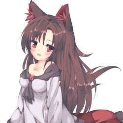 Rule 34 | 1girl, animal ear fluff, animal ears, blush, breasts, brooch, brown hair, collarbone, commentary, cycloneyukari, dress, fang, head tilt, imaizumi kagerou, impossible clothes, impossible dress, jewelry, layered dress, long hair, looking at viewer, medium breasts, off-shoulder dress, off shoulder, open mouth, red eyes, red skirt, shawl, simple background, skirt, solo, standing, touhou, upper body, very long hair, white background, wolf ears