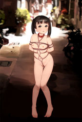 Rule 34 | 1girl, arms behind back, barefoot, bdsm, black hair, blurry, bondage, bound, breasts, collar, collarbone, completely nude, depth of field, exhibitionism, full body, highres, kai-o, knees together feet apart, legs together, lips, long hair, looking at viewer, navel, nipples, nude, open mouth, original, outdoors, public indecency, pussy juice, shibari, slave, small breasts, solo, standing, teeth, thigh gap, tiptoes, twintails, yellow eyes