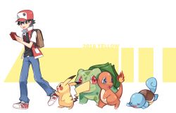 Rule 34 | 1boy, :d, backpack, bag, baseball cap, black hair, black shirt, blue pants, brown bag, bulbasaur, charmander, commentary request, creatures (company), flame-tipped tail, from side, game freak, gen 1 pokemon, hat, holding pokedex, huan li, jacket, male focus, nintendo, open clothes, open jacket, open mouth, pants, pikachu, pokedex, pokemon, pokemon (creature), pokemon rgby, red (pokemon), red headwear, red jacket, shirt, shoes, short hair, smile, squirtle, standing, starter pokemon trio, tongue, white footwear
