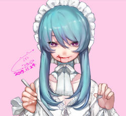 Rule 34 | + +, 1girl, blood, blood from mouth, blue hair, bonnet, breasts, cleavage, dated, dress, fork, knife, looking at viewer, original, oushiro yuu, pink background, purple eyes, sidelocks, simple background, smile, solo, star-shaped pupils, star (symbol), symbol-shaped pupils