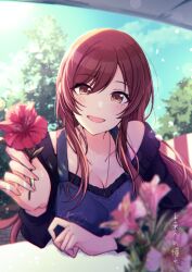 Rule 34 | 1girl, apron, bare shoulders, blue apron, blush, breasts, cleavage, collarbone, flower, highres, holding, holding flower, idolmaster, idolmaster shiny colors, kusaka io, long hair, long sleeves, looking at viewer, open mouth, osaki amana, outdoors, red flower, red hair, smile, solo, swept bangs, yellow eyes