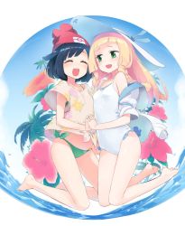 Rule 34 | 2girls, adapted costume, beanie, black hair, blonde hair, braid, closed eyes, creatures (company), flower, game freak, green eyes, hat, hibiscus, highres, holding hands, homura subaru, lillie (pokemon), long hair, multiple girls, nintendo, one-piece swimsuit, open mouth, player character, pokemon, pokemon sm, red hat, selene (pokemon), short hair, sun hat, swimsuit, swimsuit under clothes, twin braids