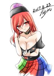 Rule 34 | 1girl, artist name, bare shoulders, blush, breasts, cleavage, clothes writing, collar, collarbone, dated, hand in own hair, hecatia lapislazuli, highres, hisin, large breasts, looking at viewer, multicolored clothes, multicolored shirt, multicolored skirt, off-shoulder shirt, off shoulder, plaid, plaid skirt, red eyes, red hair, shirt, shirt tug, signature, skirt, smile, solo, t-shirt, touhou, white background
