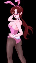 Rule 34 | 1girl, 2023, absurdres, alternate costume, animal ears, ass, blue eyes, breasts, bright pupils, brown hair, chinese zodiac, detached collar, fake animal ears, fake tail, female focus, from behind, glasses, grin, hairband, hand on own hip, highres, large breasts, leotard, long hair, looking at viewer, looking back, makinami mari illustrious, neon genesis evangelion, pantyhose, pink leotard, playboy bunny, rabbit ears, rabbit tail, rebuild of evangelion, red-framed eyewear, smile, solo, strapless, strapless leotard, tail, thighs, transparent background, tsunemoku, twintails, white pupils, wrist cuffs, year of the rabbit