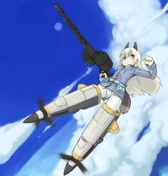 Rule 34 | 00s, 1girl, animal ears, blonde hair, blue eyes, cloud, eila ilmatar juutilainen, female focus, flying, fox ears, fox tail, full body, gun, highres, long hair, military, military uniform, moon, outdoors, pantyhose, sky, solo, strike witches, striker unit, tail, uniform, weapon, white pantyhose, world witches series