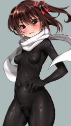 Rule 34 | 10s, 1girl, black bodysuit, blue background, blush, bodysuit, breasts, brown hair, buta tamako, covered erect nipples, covered navel, cowboy shot, embarrassed, eyebrows, hair between eyes, hair ribbon, highres, kantai collection, latex, latex suit, looking at viewer, open mouth, red eyes, red ribbon, ribbon, scarf, sendai (kancolle), sendai kai ni (kancolle), short hair, short twintails, simple background, skin tight, small breasts, solo, standing, tassel, twintails, two side up, white scarf