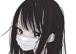 Rule 34 | 1girl, black eyes, black hair, close-up, covered mouth, eyelashes, highres, kawai rou, long hair, looking at viewer, mask, mouth mask, original, portrait, simple background, solo, surgical mask, white background, white mask