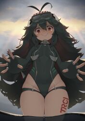 Rule 34 | 1girl, @ @, antenna hair, azur lane, blush, bodysuit, breasts, closed mouth, cloud, cloudy sky, commentary request, covered navel, cowboy shot, diving mask, diving mask on head, diving suit, from below, goggles, goggles on head, green hair, groin, hair between eyes, highres, leg tattoo, long hair, looking at viewer, medium breasts, red eyes, sidelocks, skindentation, sky, solo, standing, tattoo, tearing up, thick thighs, thighs, torricelli (azur lane), very long hair, wading, wavy mouth, wetsuit, yohia