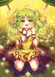 Rule 34 | 1girl, barefoot, dress, duel monster, flower, green eyes, green hair, hair ribbon, highres, long hair, looking at viewer, open mouth, ribbon, seiza, sitting, smile, solo, suzunone rena, traptrix sera, twintails, two side up, yellow dress, yu-gi-oh!