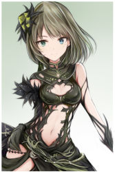 Rule 34 | 1girl, beads, blue eyes, breasts, cleavage, cleavage cutout, clothing cutout, detached sleeves, dress, ear piercing, elbow gloves, feather trim, gloves, gradient background, green dress, green eyes, green gloves, green hair, hair ornament, hand on own hip, heterochromia, idolmaster, idolmaster cinderella girls, looking at viewer, medium hair, mole, mole under eye, nannacy7, navel, navel cutout, piercing, side slit, single elbow glove, small breasts, smile, solo, takagaki kaede