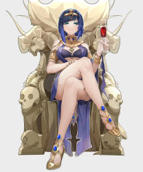 Rule 34 | 1girl, absurdres, alcohol, alternate costume, armlet, blue dress, blue hair, bracer, breasts, brooch, closed mouth, crossed legs, dark blue hair, dearduam, diagonal bangs, dress, drink, egyptian clothes, full body, genshin impact, glass, gold footwear, gold hairband, grey background, hairband, highres, holding, holding drink, jewelry, looking at viewer, medium breasts, neck ring, short hair, simple background, sitting, skull, smile, solo, throne, wine, yelan (genshin impact)