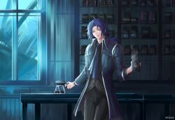 Rule 34 | 1boy, absurdres, ascot, bag, black pants, black shirt, blue ascot, blue coat, blue hair, blue theme, cafe, chesed (project moon), coat, coffee, coffee pot, collared coat, collared shirt, cup, highres, indoors, library of ruina, long sleeves, low ponytail, male focus, mug, pants, project moon, ruiieru, shirt, solo, table, window, yellow eyes