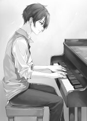 Rule 34 | 1boy, collared shirt, commentary request, greyscale, head tilt, highres, instrument, looking down, male focus, masachika kuze, momoko (momopoco), monochrome, music, novel illustration, official art, pants, piano, playing instrument, playing piano, school uniform, second-party source, shirt, short hair, simple background, sitting, sleeves rolled up, smile, solo, tokidoki bosotto roshia-go de dereru tonari no arya-san