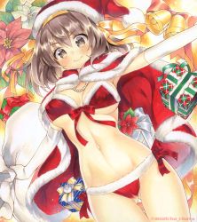 Rule 34 | &gt;:), 1girl, alternate costume, arm up, armpits, artist name, bikini, blush, bobblehat, bow, box, breasts, brown eyes, brown hair, cameltoe, cape, cleavage, closed mouth, covered erect nipples, dutch angle, elbow gloves, flower, fur trim, gift, gift box, gloves, gluteal fold, green ribbon, hairband, hat, holding, jewelry, looking at viewer, marker (medium), medium breasts, mugicha (mugicha0929), navel, necklace, orange hairband, outstretched arm, pearl necklace, pink bow, red bikini, red bow, red cape, red hat, ribbon, sack, santa costume, santa hat, solo, stomach, suzumiya haruhi, suzumiya haruhi no yuuutsu, swimsuit, tareme, thigh gap, traditional media, twitter username, underboob, v-shaped eyebrows, white gloves, yellow ribbon