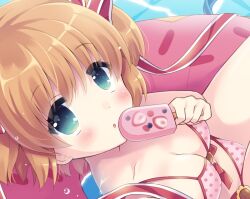 Rule 34 | 1girl, aqua eyes, bikini, blonde hair, blush, breasts, cameltoe, cleavage, collarbone, commentary, food, foreshortening, from above, hair between eyes, hair ribbon, hand up, holding, holding food, holding popsicle, hoshimame mana, kamikita komari, little busters!, long ribbon, looking at viewer, medium breasts, open mouth, pink bikini, pink innertube, polka dot, polka dot bikini, popsicle, red ribbon, ribbon, short hair, solo, swimsuit, two side up, upper body, upturned eyes, water