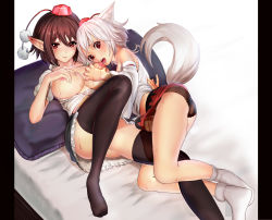 Rule 34 | 1futa, 1girl, animal ears, ass, bad id, bad pixiv id, bare shoulders, black legwear, black panties, blush, breasts, brown hair, clothes lift, covering breasts, covering privates, derivative work, detached sleeves, dikko, erection, futa with female, futanari, grabbing, grabbing another&#039;s breast, hat, inubashiri momiji, large breasts, looking at viewer, lying, multiple girls, nipples, on back, on bed, open mouth, panties, penis, pillow, pointy ears, red eyes, saliva, shameimaru aya, short hair, silver hair, skirt, skirt lift, sweat, tail, thighhighs, tokin hat, touhou, underwear, wolf ears, wolf tail, yuri