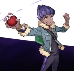 Rule 34 | 1boy, clenched hand, commentary request, creatures (company), dark-skinned male, dark skin, dynamax band, fur-trimmed jacket, fur trim, game freak, highres, holding, holding poke ball, hop (pokemon), jacket, male focus, nanaheibei 3, nintendo, pants, poke ball, poke ball (basic), pokemon, pokemon swsh, purple hair, shirt, smile, solo, teeth, yellow eyes