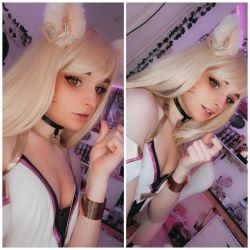 Rule 34 | 1boy, ahri (league of legends), androgynous, animal ears, bangle, bare shoulders, blonde hair, bracelet, breasts, brown eyes, chair, choker, collage, collarbone, color contacts, contact lens, cosplay, cosplay photo, crossdressing, desk, dress, fake animal ears, gaming chair, highres, indoors, its peachybunnn, ivy, jewelry, k/da (league of legends), k/da ahri, league of legends, lips, long hair, looking at viewer, nail polish, open mouth, paid reward available, photo (medium), pink background, poster (object), shelf, shirt, sitting, small breasts, solo, standing, swivel chair, teeth, trap, upper teeth only, wall, white background, white dress, white shirt, wig