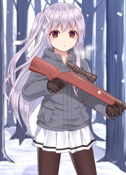Rule 34 | 1girl, :o, bare tree, black gloves, black pantyhose, blush, breath, brown eyes, commentary request, finger on trigger, gloves, grey jacket, gun, hair between eyes, hair ribbon, holding, holding gun, holding weapon, jacket, long hair, long sleeves, looking at viewer, one side up, original, outdoors, pantyhose, parted lips, pleated skirt, purple hair, ribbon, rifle, scope, skirt, sniper rifle, snow, snowing, solo, standing, tree, tukino neru, very long hair, weapon, weapon request, white ribbon, white skirt