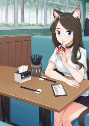Rule 34 | 1girl, absurdres, aina (mao lian), animal ear fluff, animal ears, blue eyes, breasts, brown choker, brown hair, cat ears, cat tail, choker, chopsticks, cleavage, closed mouth, couch, drinking, highres, indoors, juice box, legs together, long hair, looking at viewer, mao lian (nekokao), medium breasts, menu, miniskirt, on couch, original, restaurant, shirt, sitting, skirt, smile, solo focus, table, tail, tissue box, white shirt