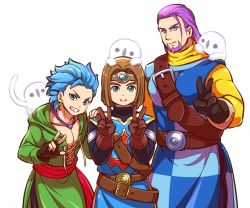 Rule 34 | 3boys, aopanda, beard, blue eyes, blue hair, bob cut, brown hair, camus (dq11), cosplay, double v, dragon quest, dragon quest xi, earrings, facial hair, gloves, greig (dq11), hero (dq11), jewelry, male focus, multiple boys, necklace, pectoral cleavage, pectorals, purple hair, roto (cosplay), roto (dq3), simple background, spiked hair, spoilers, v, white background